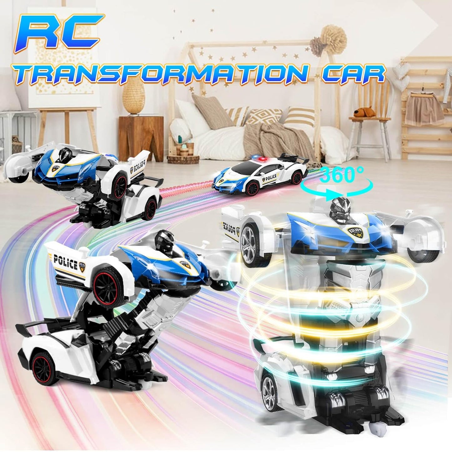 Transformer Robot RC Car One-Button Police Car W/LED Light, Blue