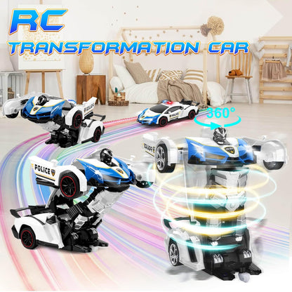 Transformer Robot RC Car One-Button Police Car W/LED Light, Blue