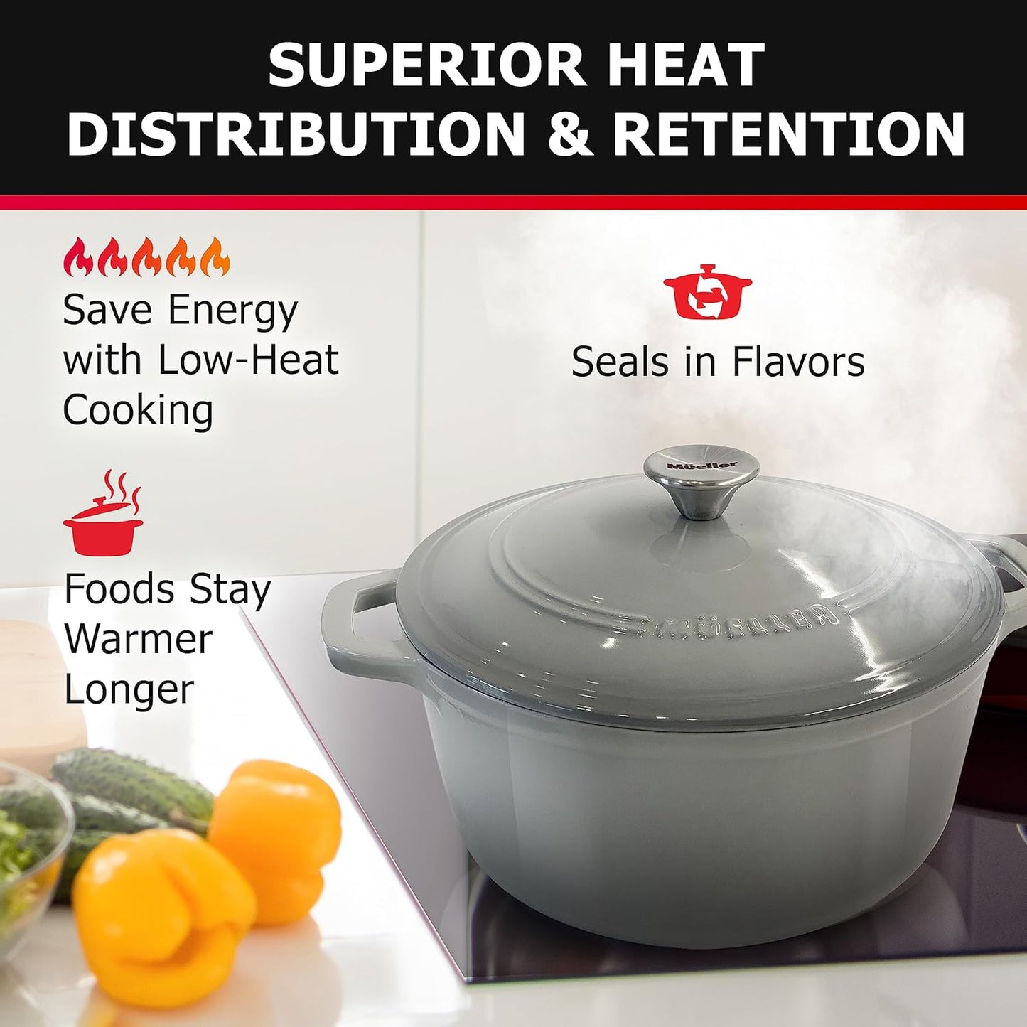 Enameled Cast Iron Dutch Oven Casserole W/Lid, 6 Qt - Gray