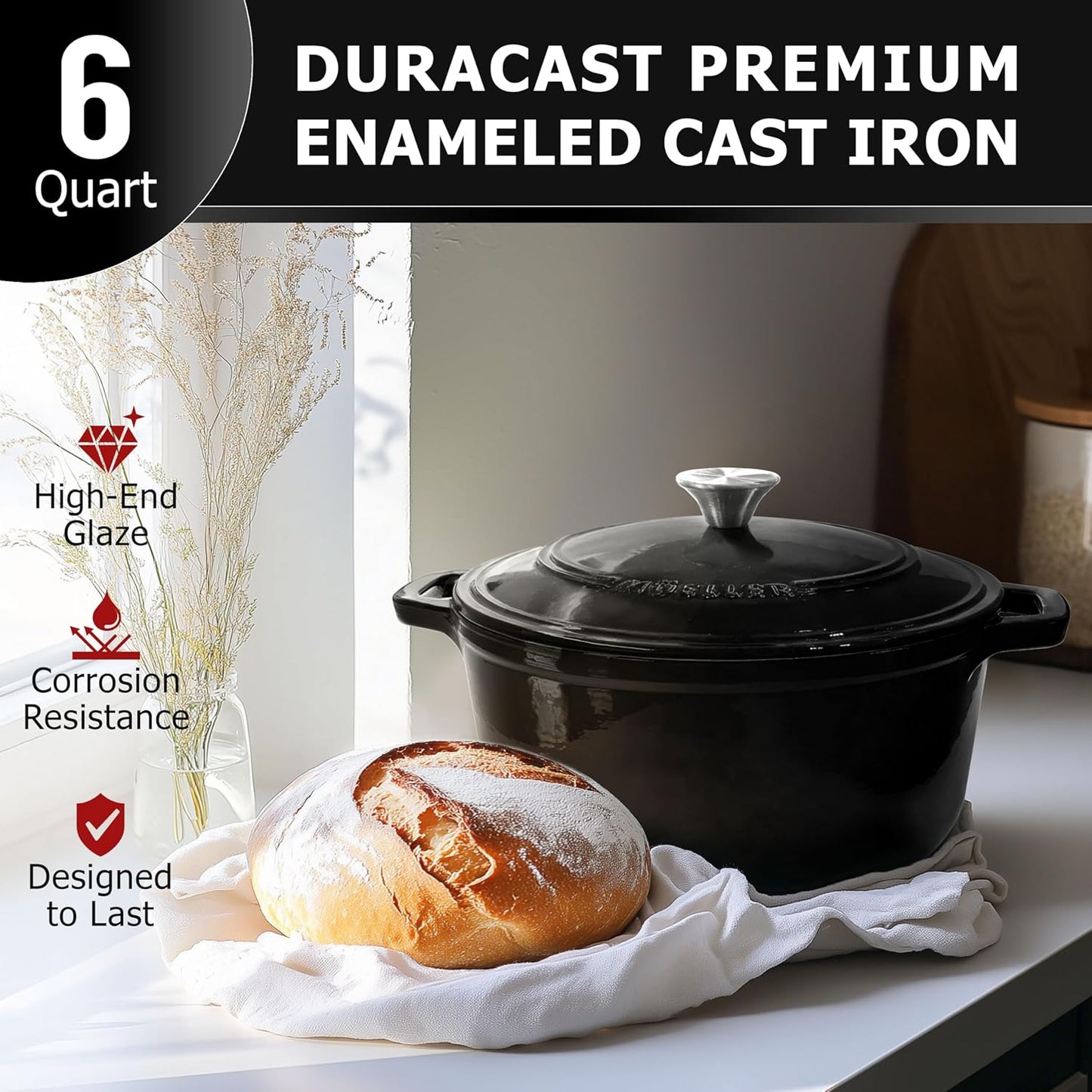 Enameled Cast Iron Dutch Oven Casserole W/Lid, 6 Qt - Black