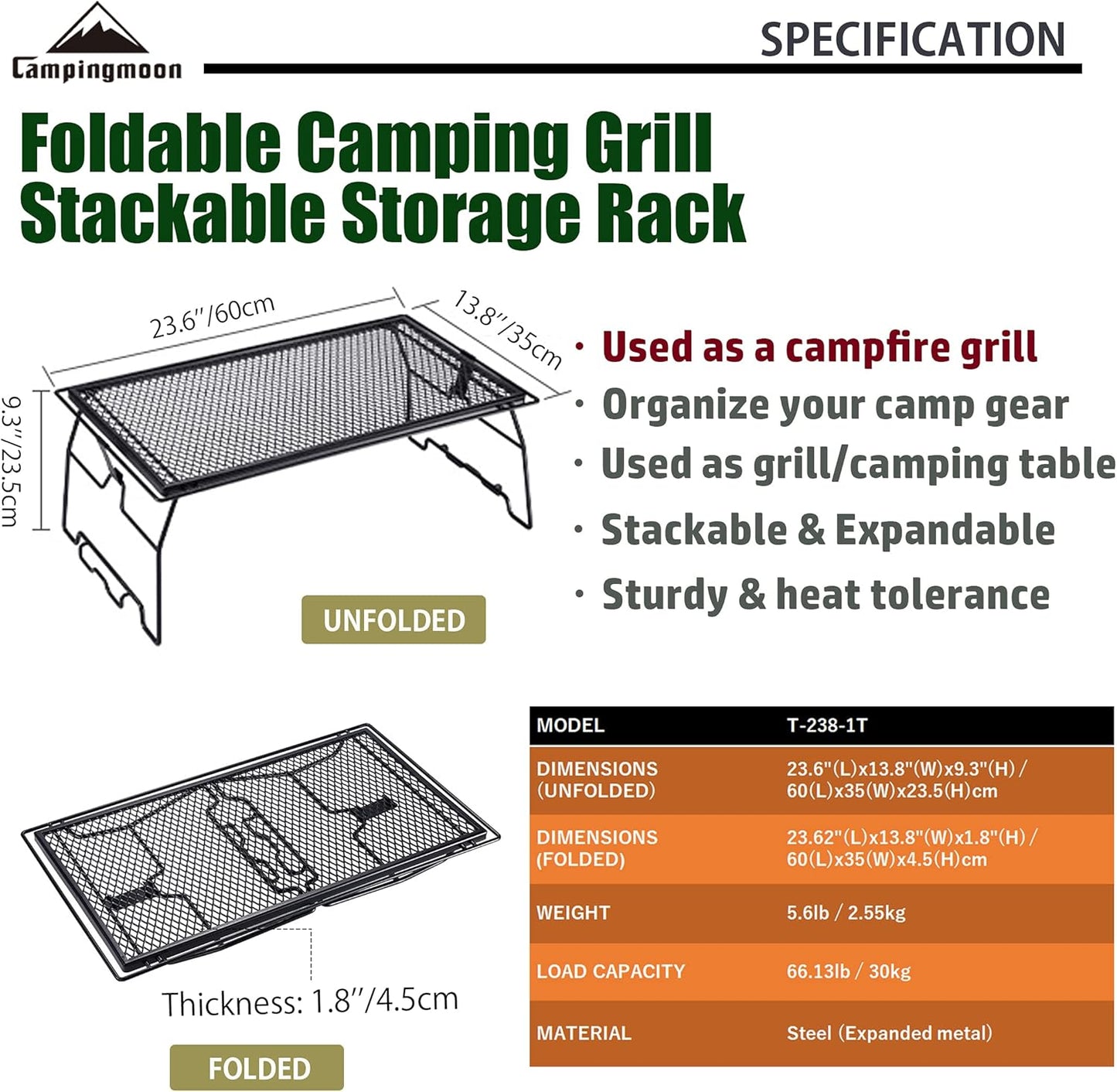Campfire Grill Storage Rack Steel Foldable Stackable Grill, 1pcs