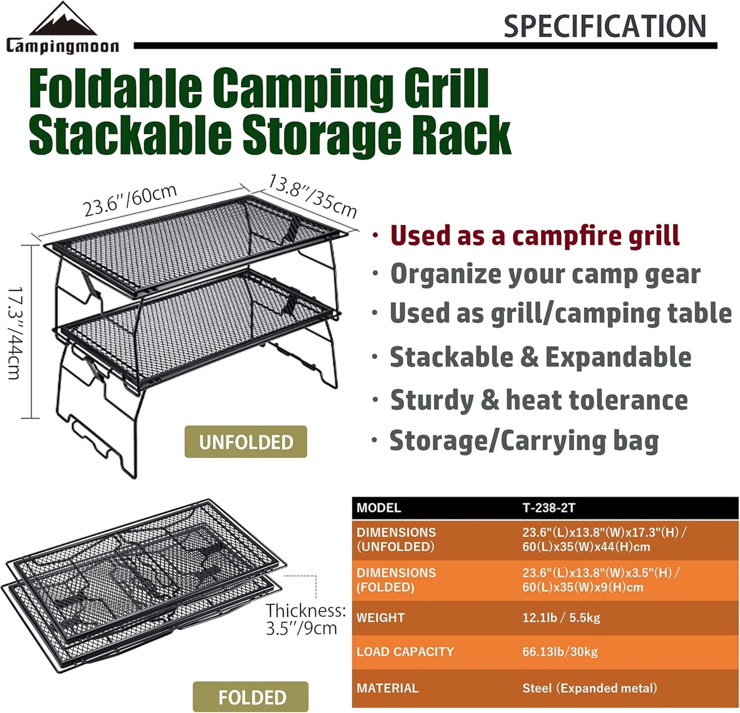 Foldable Campfire Grill Rack Steel Grill W/ Carrying Bag, 2pcs