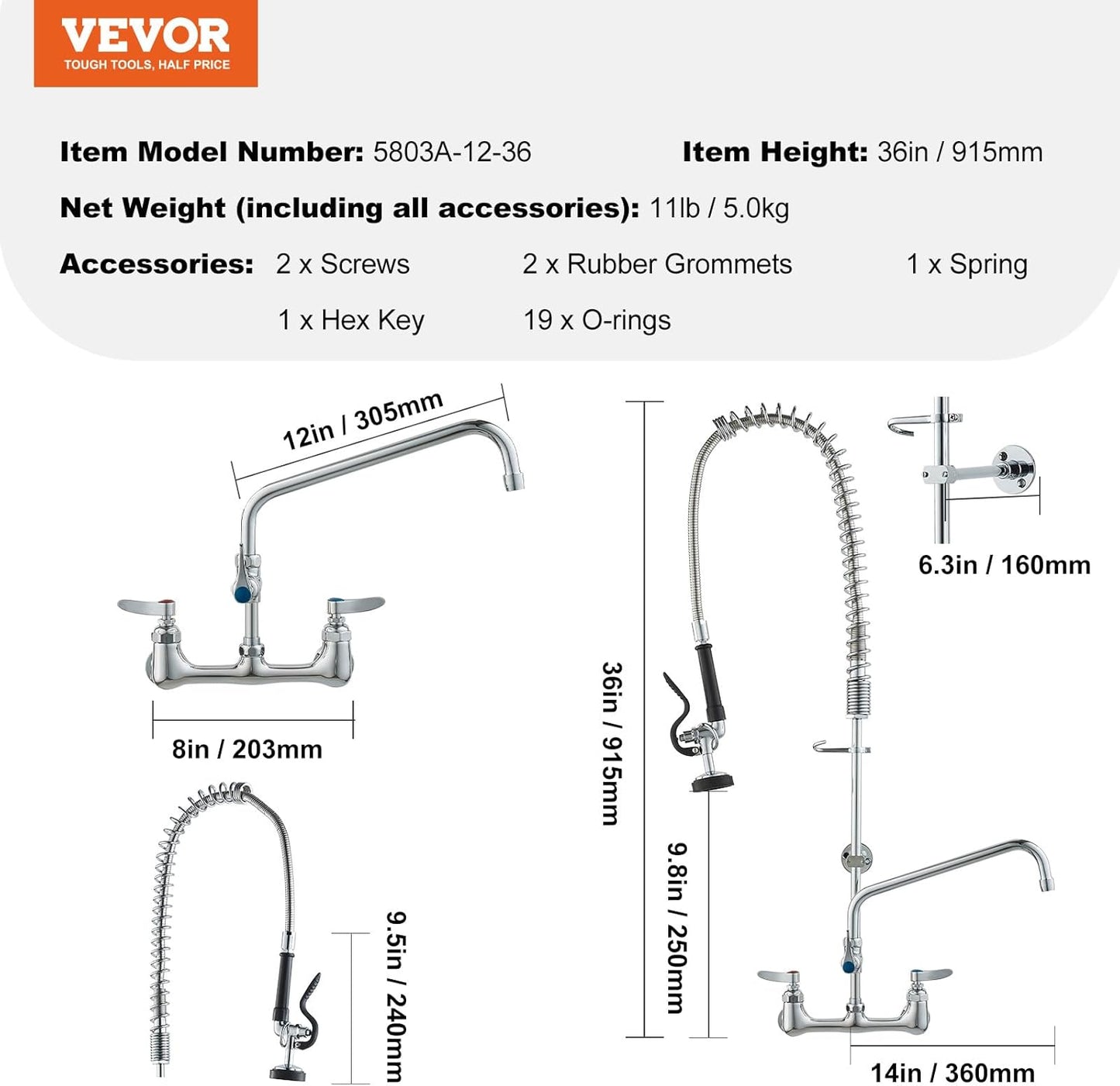 VEVOR Faucet 36"H Wall Mount Kitchen Sink Pull Down Spray Faucet