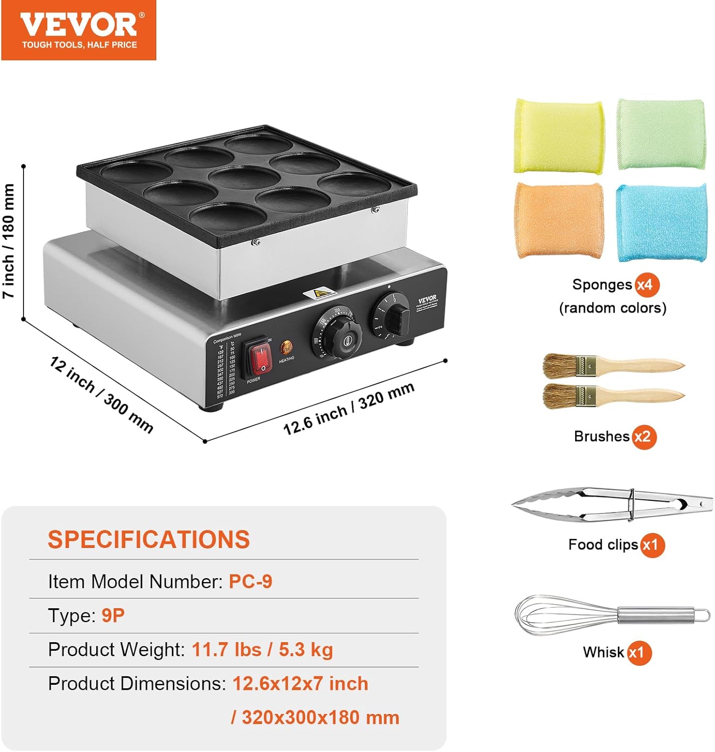 VEVOR Dutch Pancake Maker 9PCS Machine 850W Electric Snack Bar