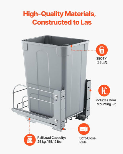 Pullout Trash Can 35Qt Bin With Soft Close Sliding System