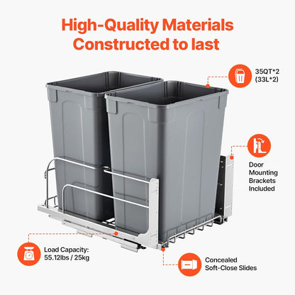 Pullout Trash Can Dual 35Qt Bin With Soft Close Sliding System