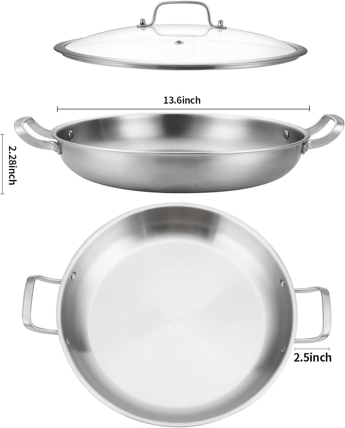 Paella Pan W/Lid Tri-Ply Stainless Steel Large Skillet, 13.5"