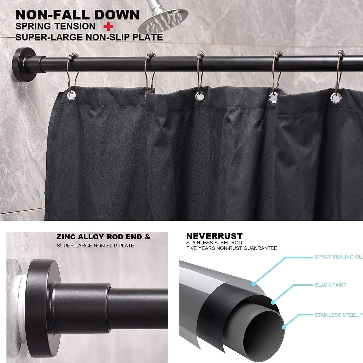 Shower Curtain Rod Stainless Steel Never Rust Tension Rod, Black