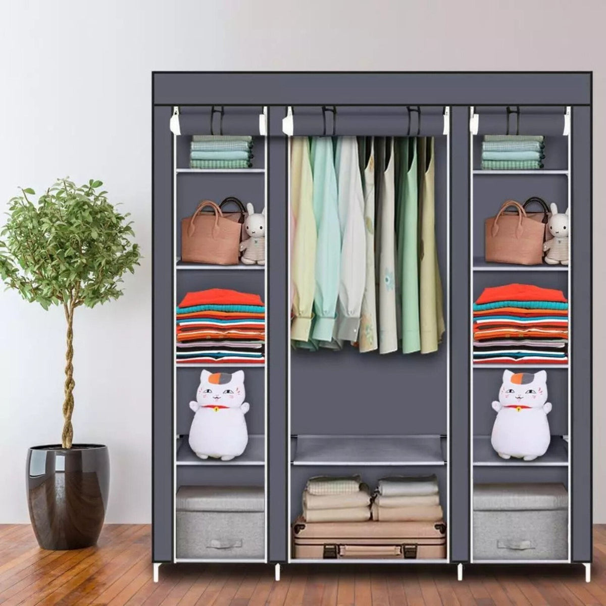 Portable Closet Wardrobe Rack Storage Organizer Fabric, Grey