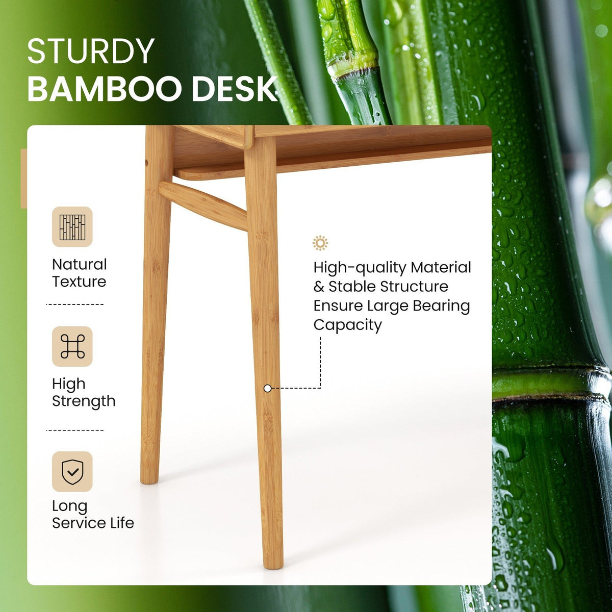 Bamboo Writing Desk W/2 Drawers & Open Shelf Study Writing Desk
