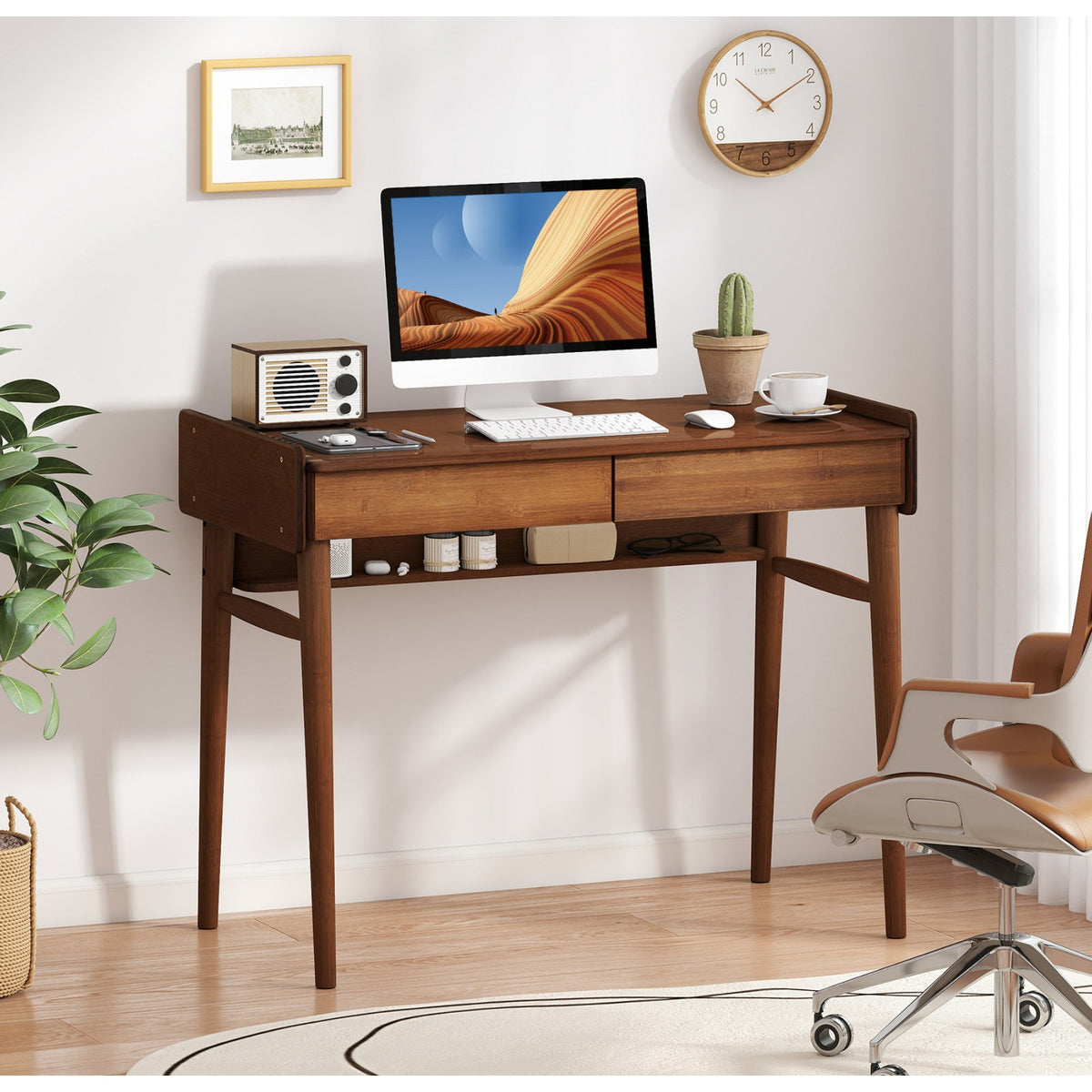 Bamboo Writing Desk W/2 Drawers & Open Shelf Study Desk, Walnut