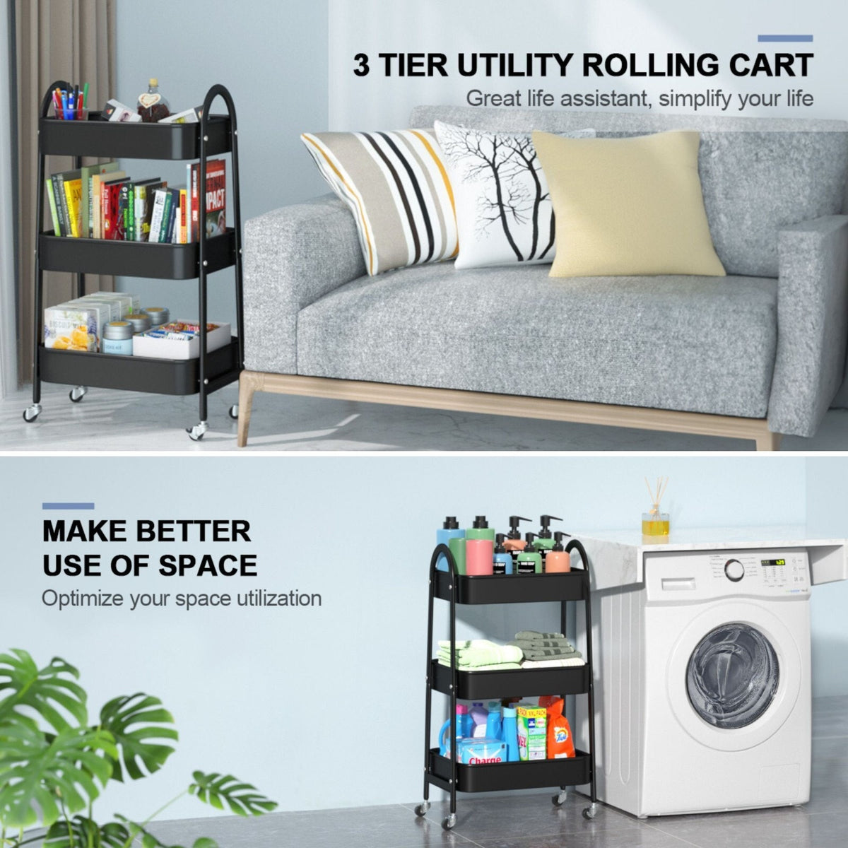 Utility Rolling Cart Metal Storage 3-Tier Trolley Cart, Black