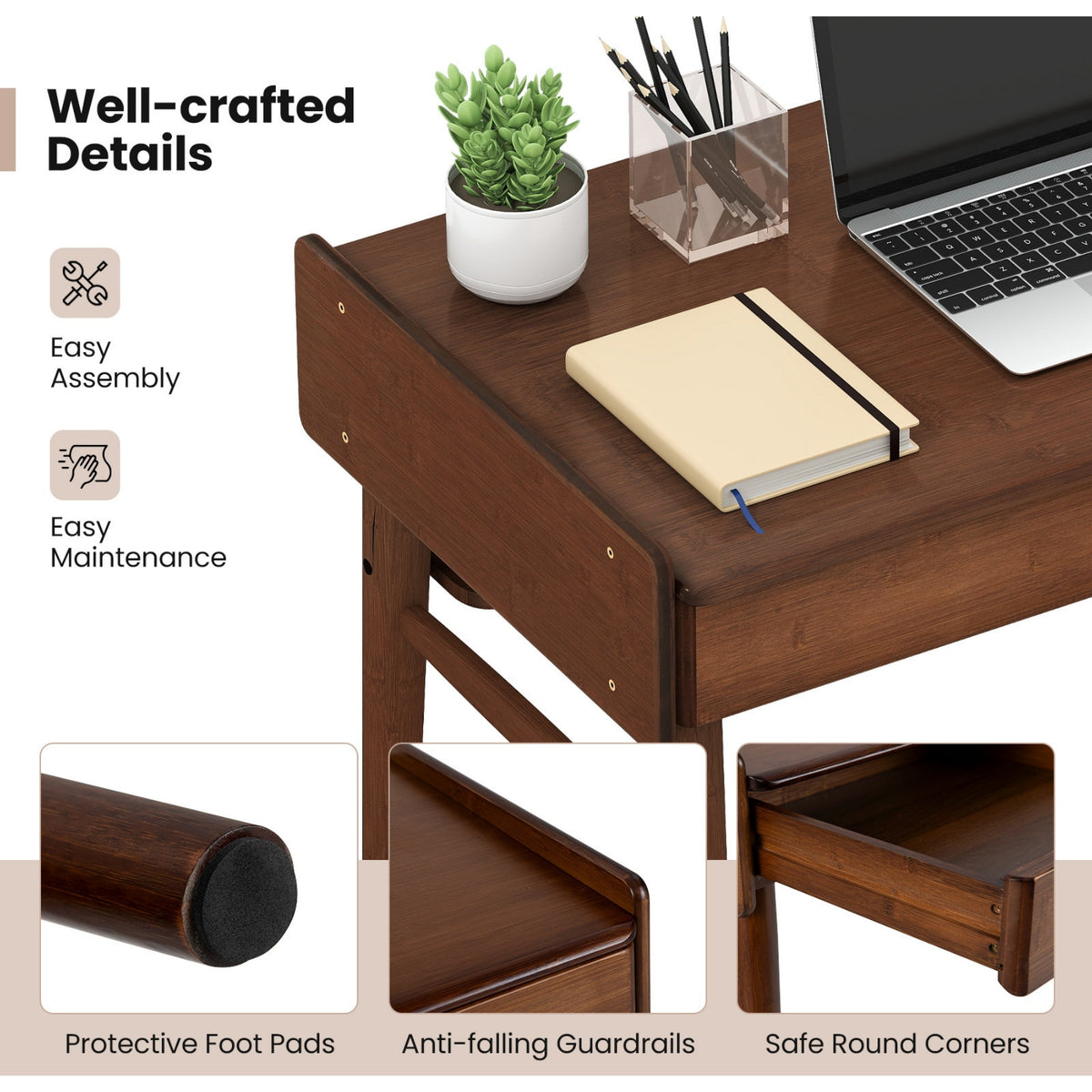 Bamboo Writing Desk W/2 Drawers & Open Shelf Study Desk, Walnut