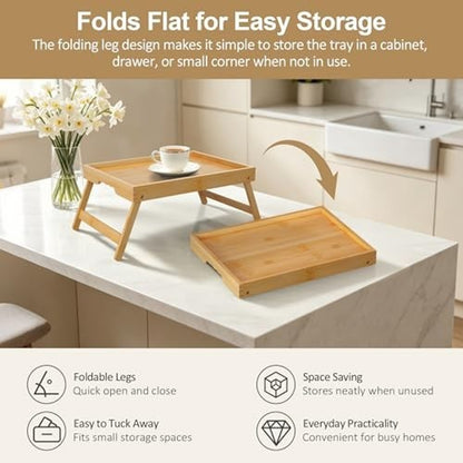 Bamboo Breakfast Tray Folding Breakfast Set of 2 Tray, Natural