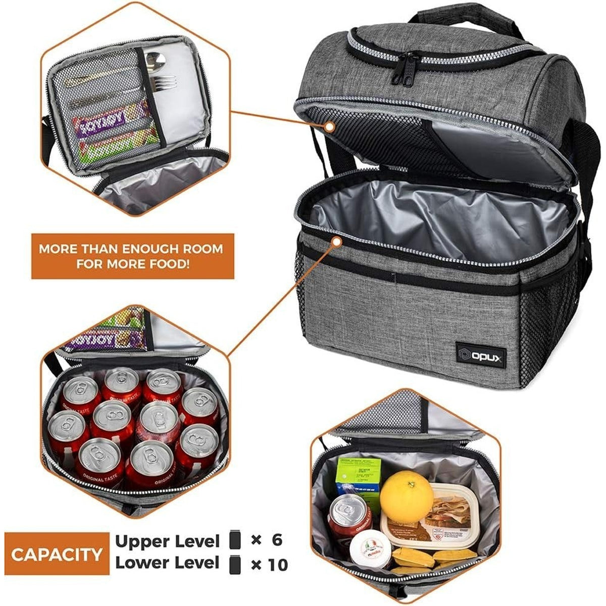 Lunch Box Insulated 10L Dual Compartment Cooler Soft Bag, Gray