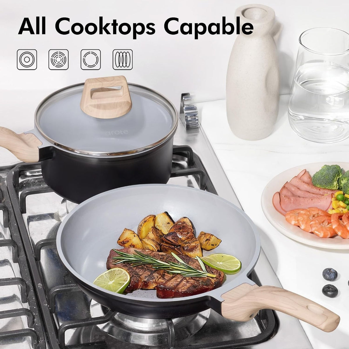 Cookware Set 21 Pcs Ceramic Nonstick Induction Pans Set, Black