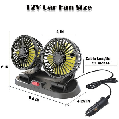 Dual Head Fan 12V Car Cooling 360° Rotatable Quiet & Powerful Automotive Fan