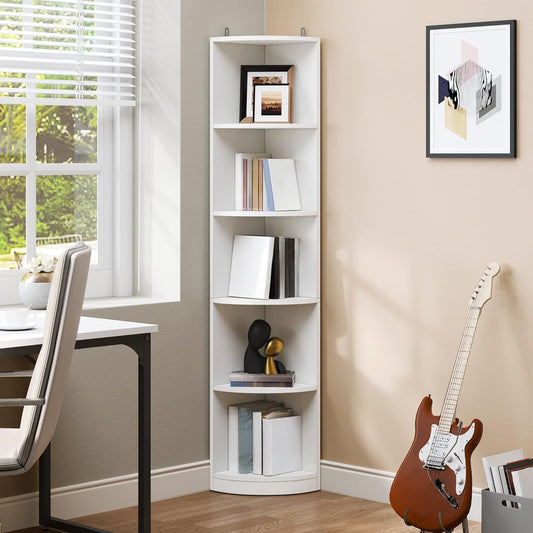 Modern Bookshelf 5-Tier Corner Shelf Open Storage Rack, White