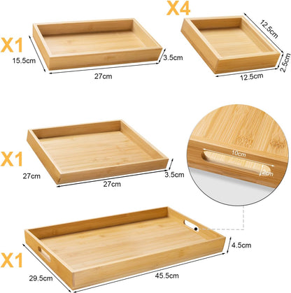 Wooden Serving Trays W/Handle Rectangular Bamboo Tray, Set of 7