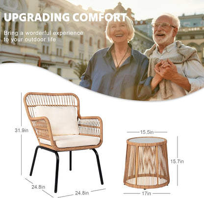 Bistro Set Chair & Table Wicker Rattan 3Pcs Outdoor Set, Beige
