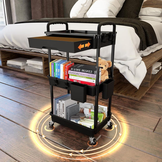 Rolling 3 Tier Utility Cart with Drawer Storage Organizer, Black