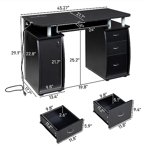 Writing Desk W/Charge Station MDF 3-Drawer Storage Cabinet, Black