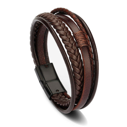 Men Bracelet Leather Bracelet Multi-Layer Magnetic Clasp, Brown