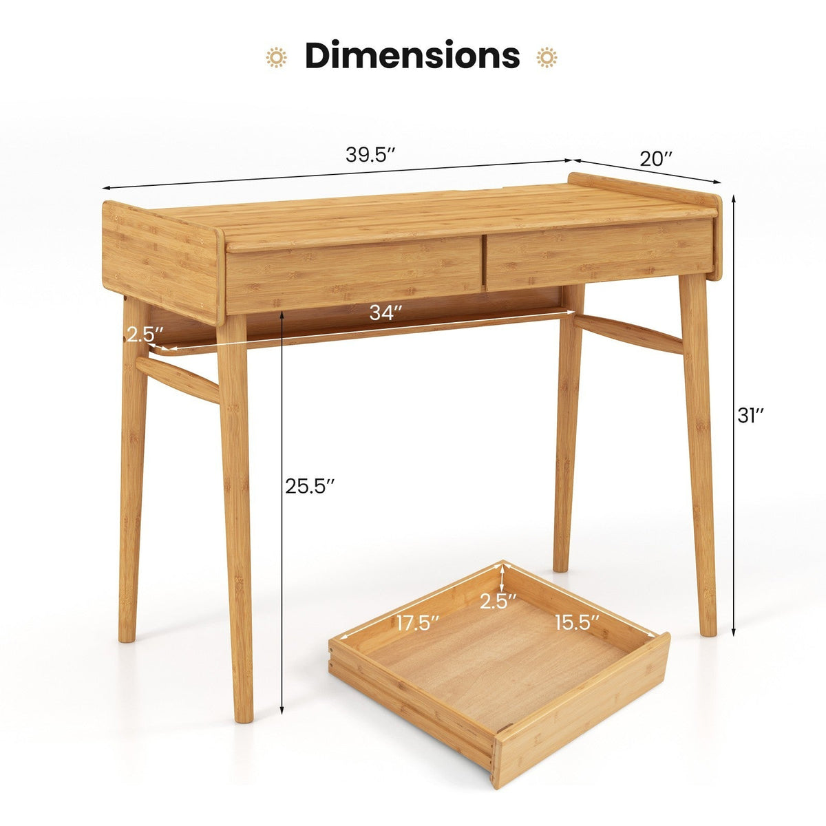 Bamboo Writing Desk W/2 Drawers & Open Shelf Study Writing Desk