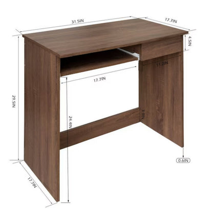 Keyboard Desk Small Walnut Tray Drawer 32"W Computer Table, Brown