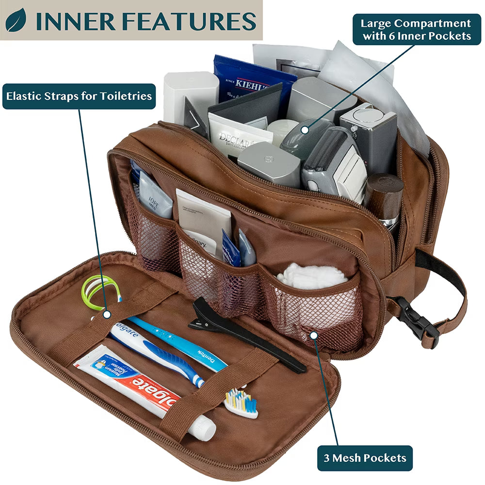Leather Travel Bag Water-Resistant Clip-on Buckles Toiletry Bag