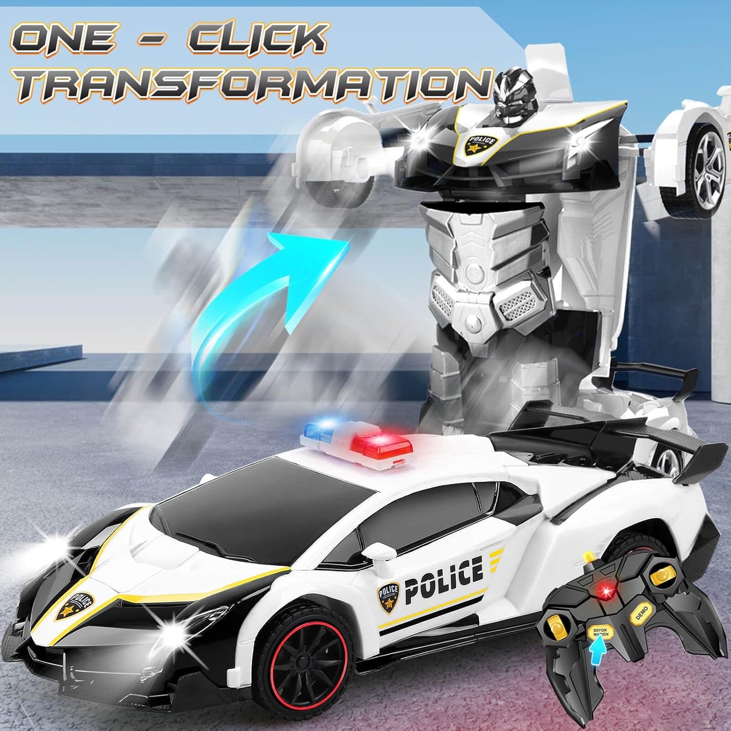 Transformer Robot RC Car One-Button Police Car W/LED Light, Black