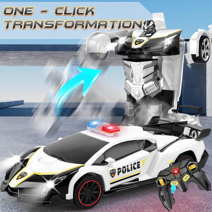 Transformer Robot RC Car One-Button Police Car W/LED Light, Black