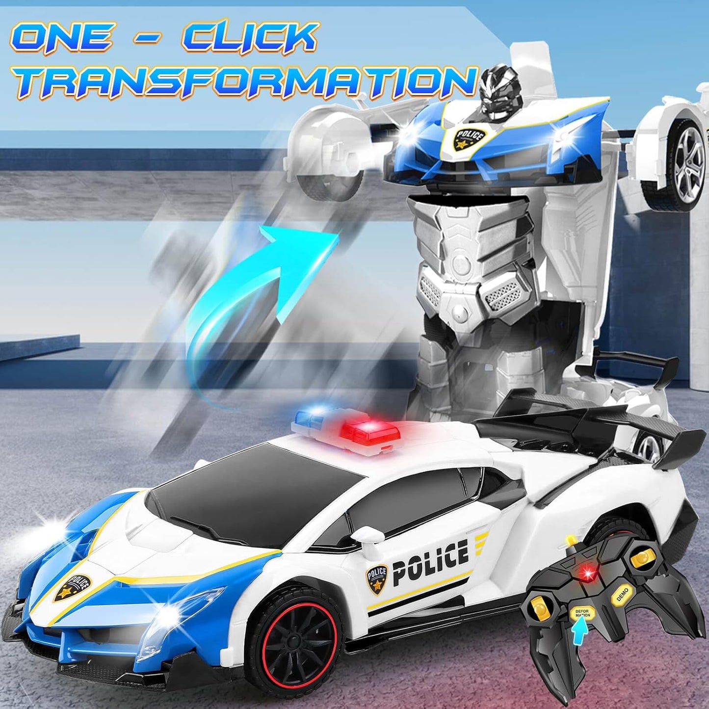 Transformer Robot RC Car One-Button Police Car W/LED Light, Blue