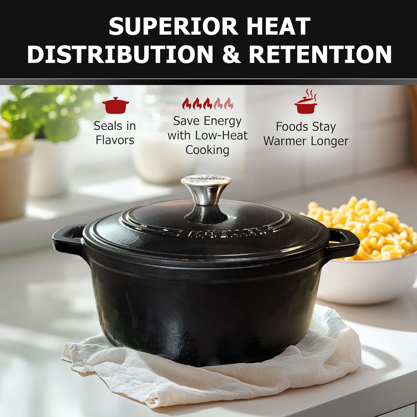 Enameled Cast Iron Dutch Oven Casserole W/Lid, 6 Qt - Black