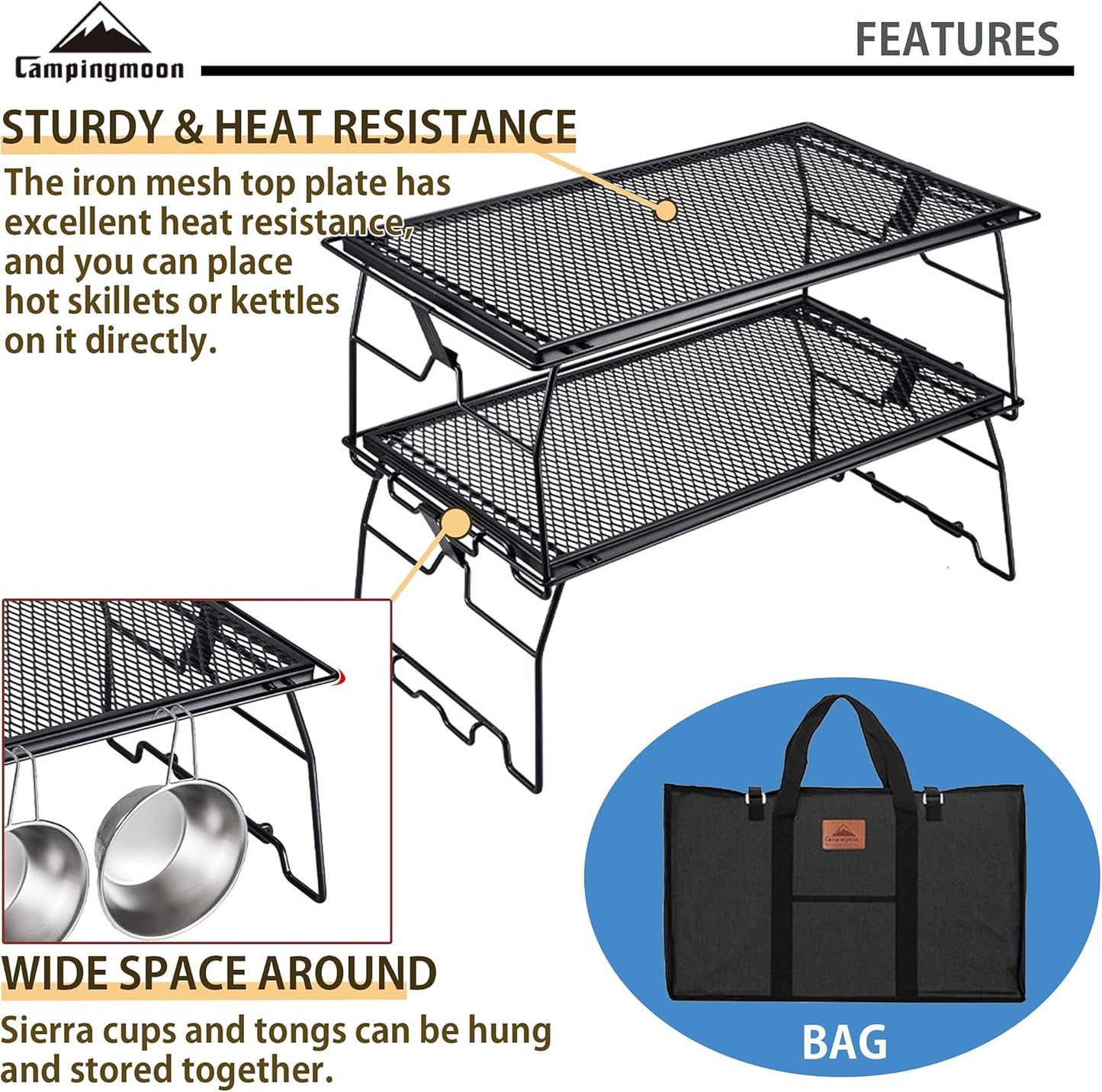 Foldable Campfire Grill Rack Steel Grill W/ Carrying Bag, 2pcs