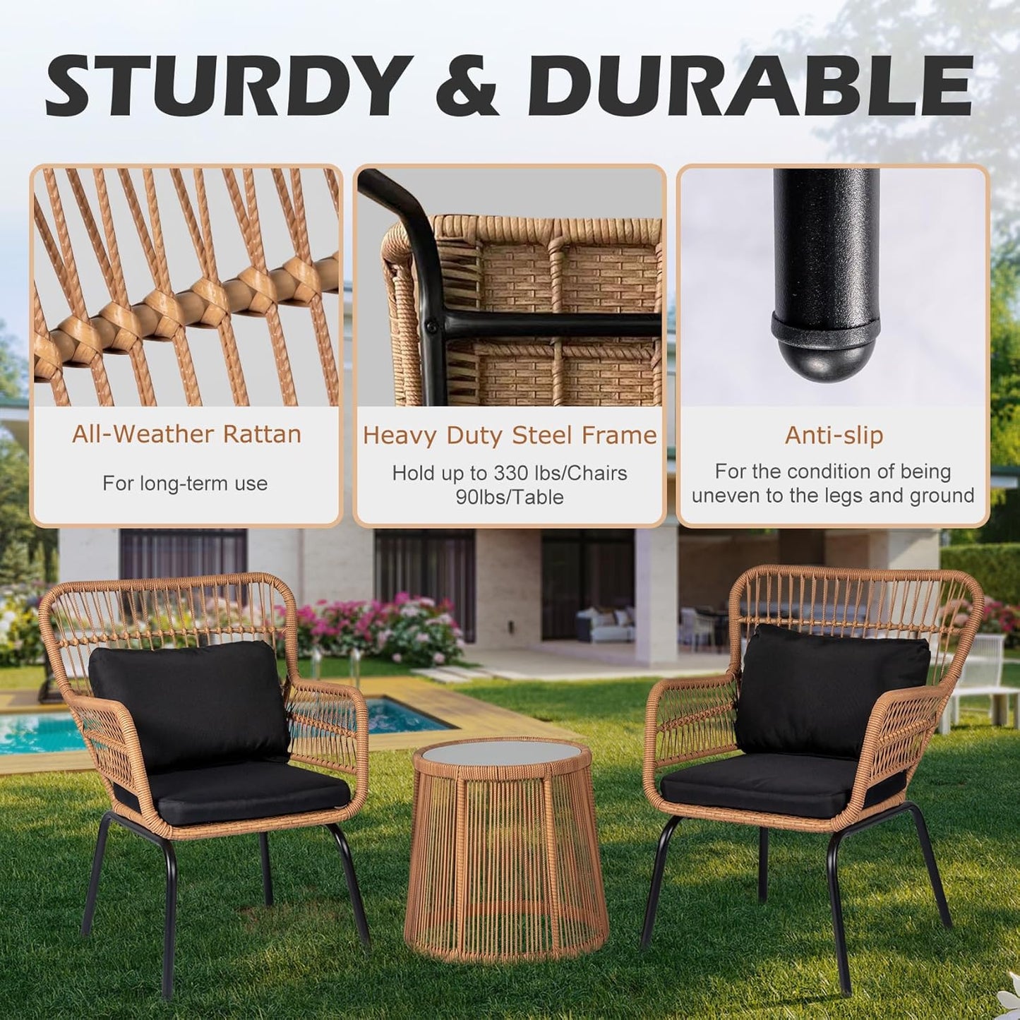 Bistro Set Chair & Table Set Wicker Rattan 3Pcs Outdoor Patio Set