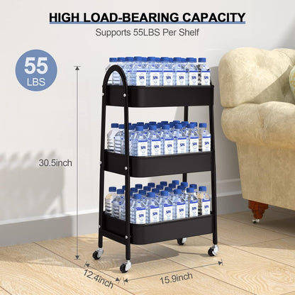 Utility Rolling Cart Metal Storage 3-Tier Trolley Cart, Black
