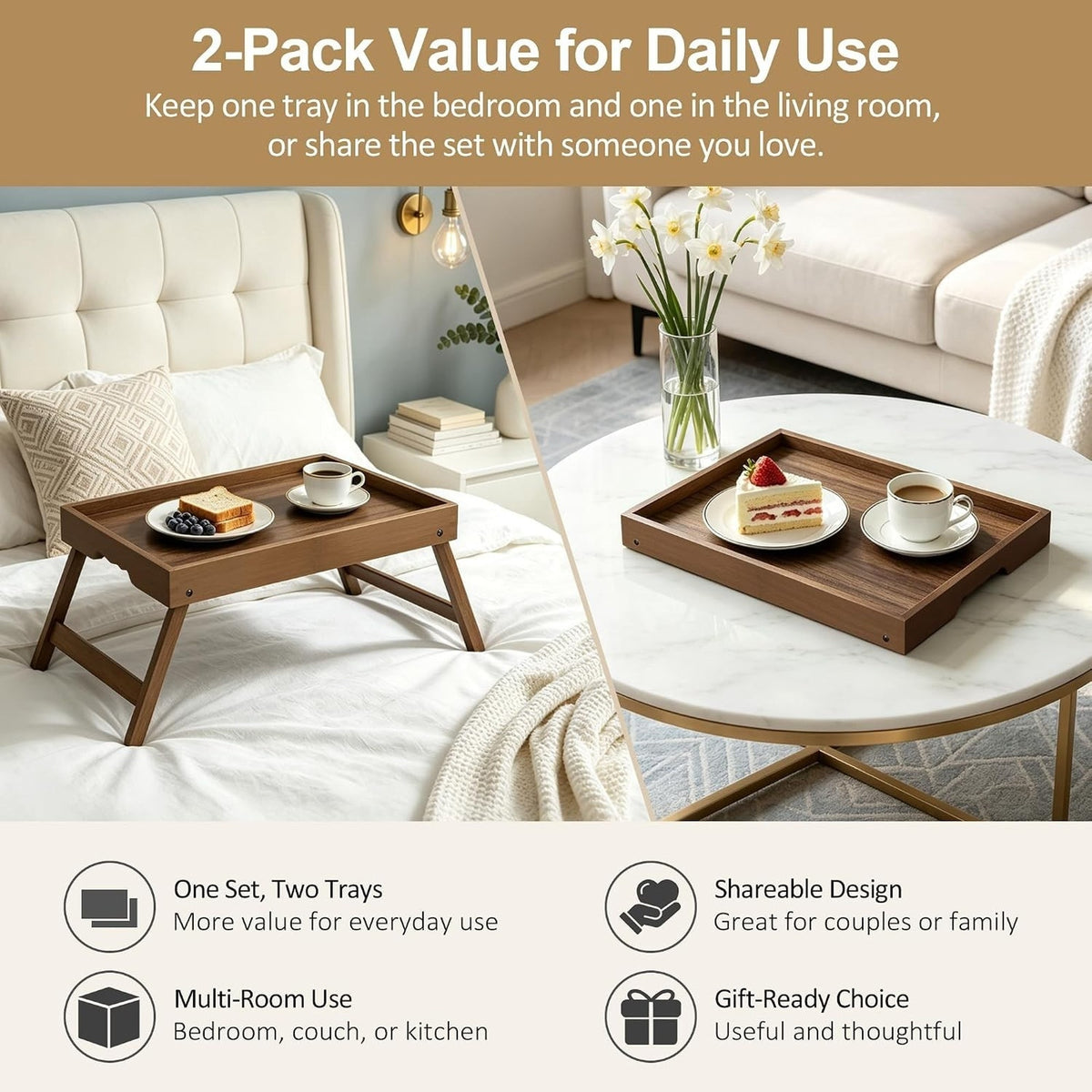Bamboo Breakfast Tray Set of 2 Folding Legs Bed Sofa Tray, Walnut