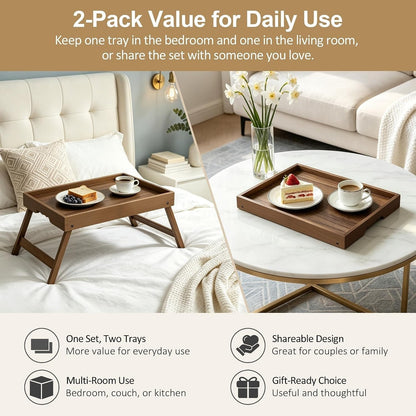 Bamboo Breakfast Tray Set of 2 Folding Legs Bed Sofa Tray, Walnut