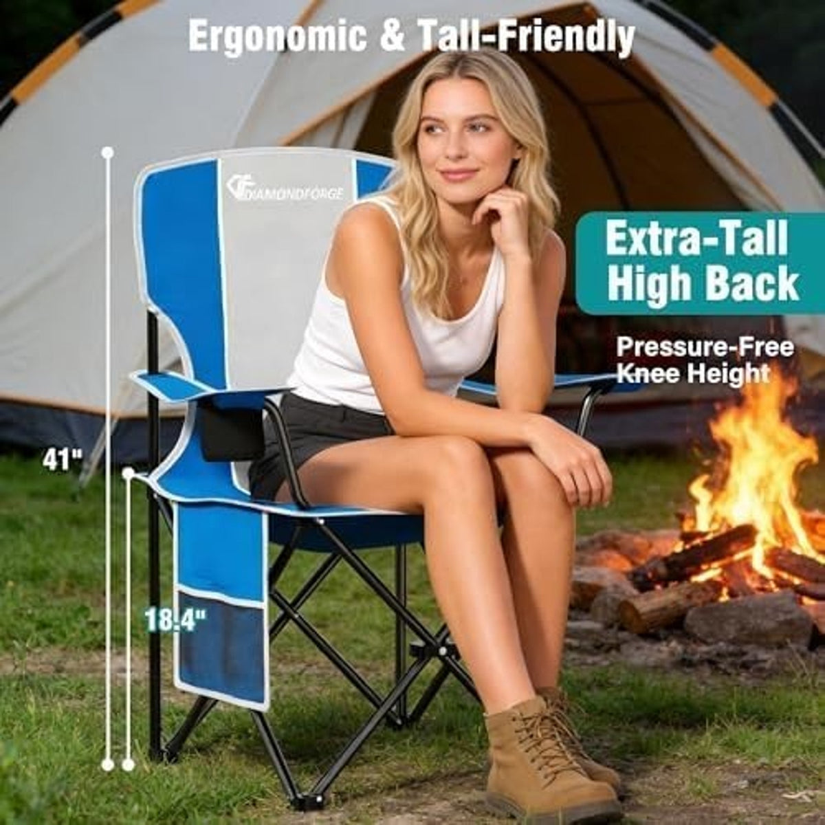 Camping Chair High Back Folding Portable Cup Holder Chair, Blue