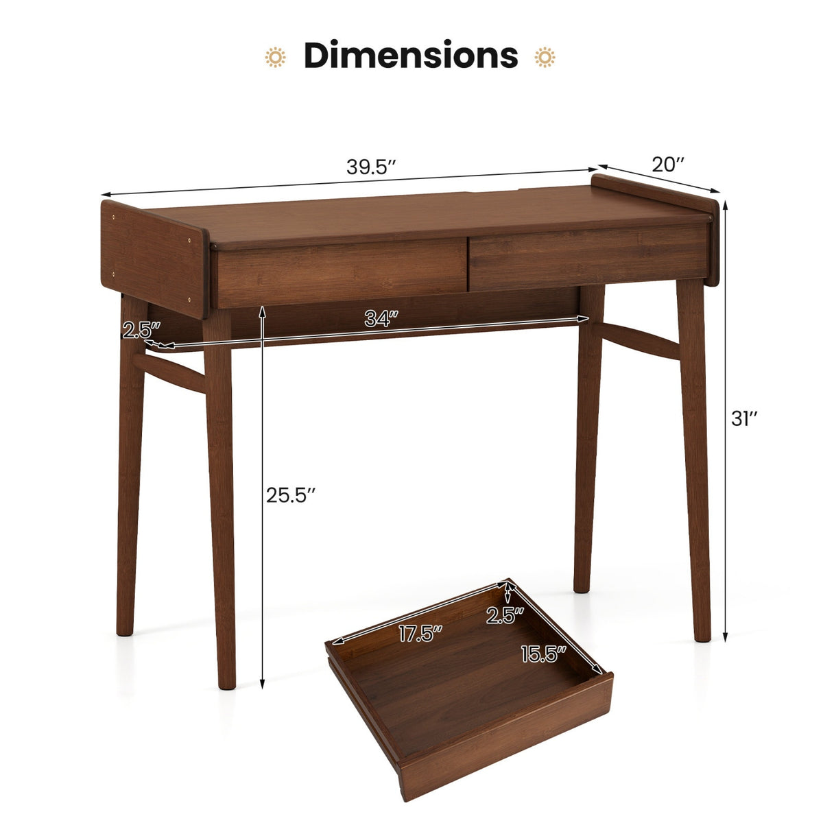 Bamboo Writing Desk W/2 Drawers & Open Shelf Study Desk, Walnut