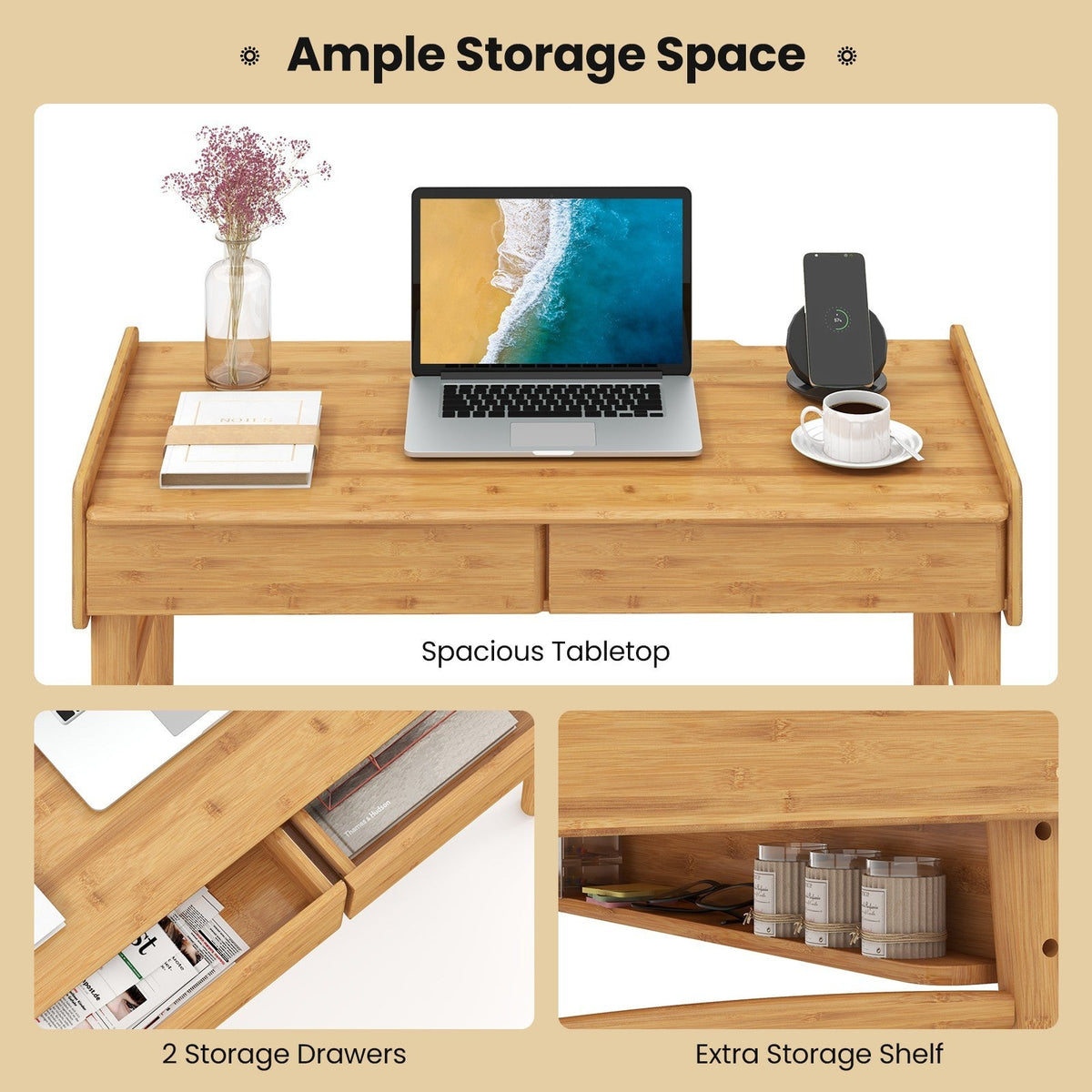 Bamboo Writing Desk W/2 Drawers & Open Shelf Study Writing Desk