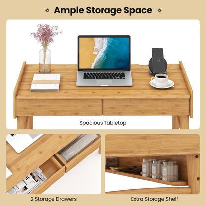 Bamboo Writing Desk W/2 Drawers & Open Shelf Study Writing Desk