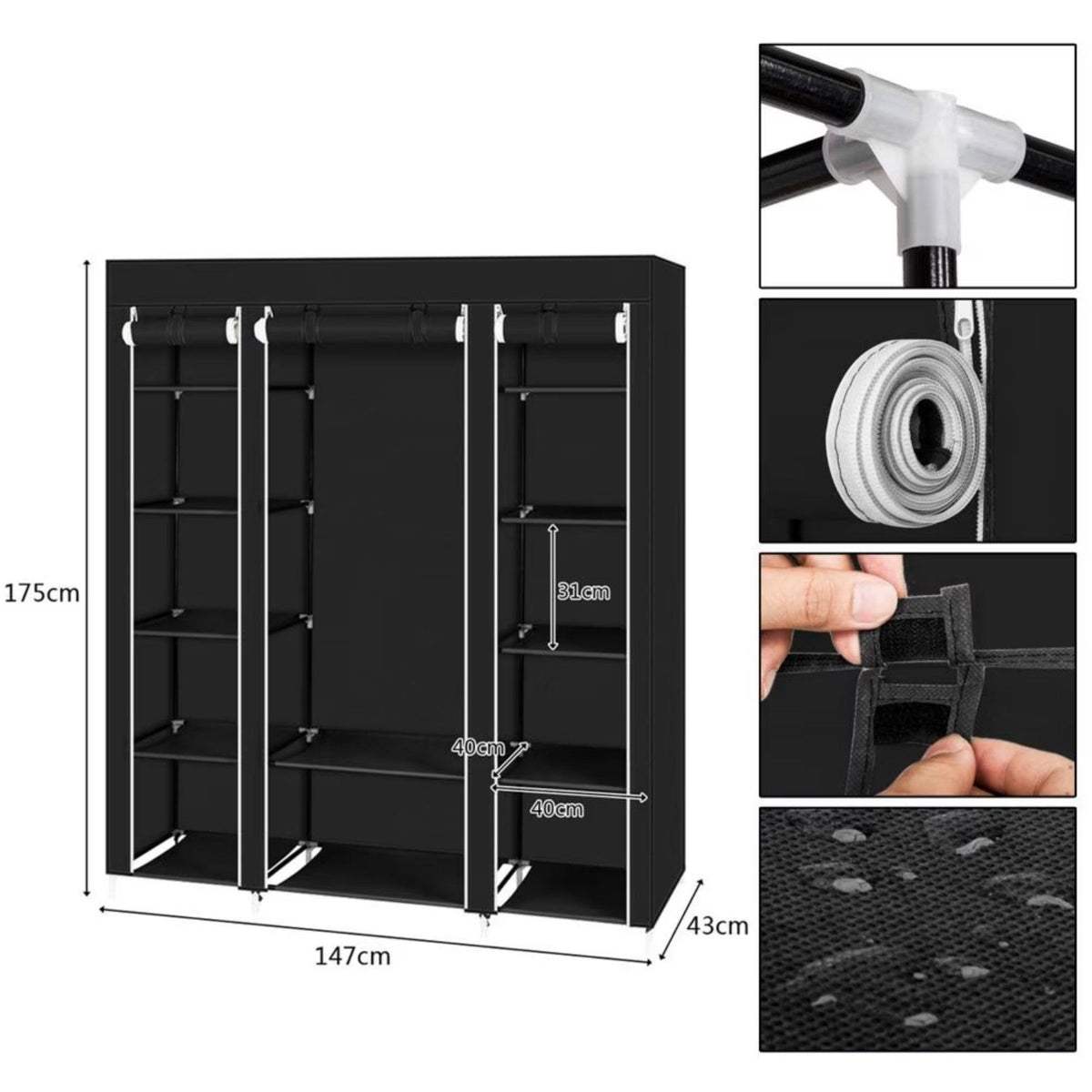 Portable Closet Wardrobe Rack Storage Organizer W/Shelves, Black