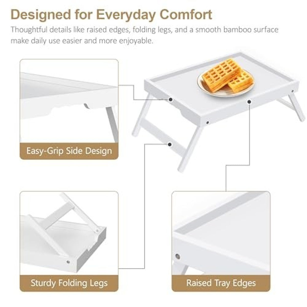 Bamboo Breakfast Tray Folding Legs Breakfast Set of 2 Tray, White