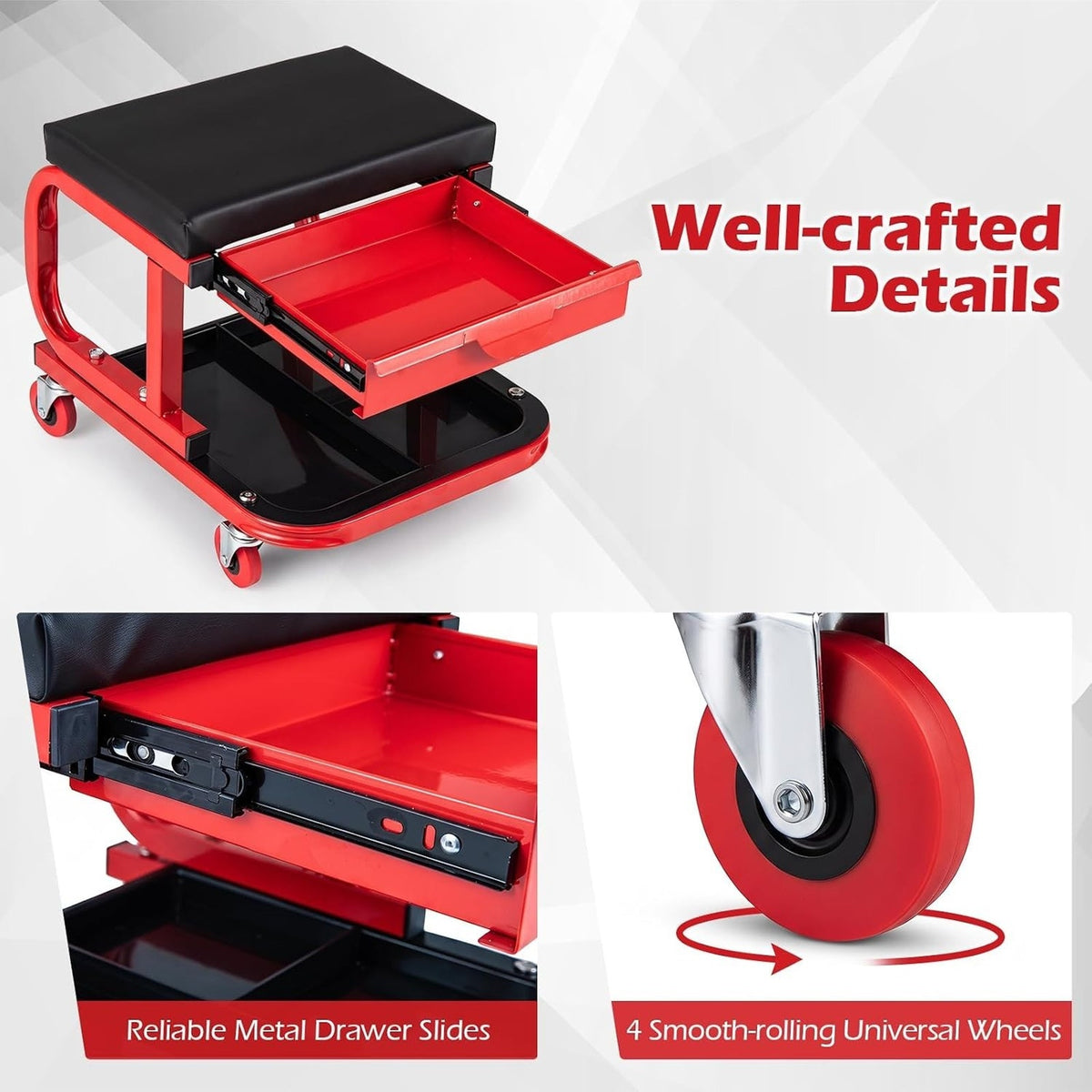 Rolling Mechanic Stool W/Magnetic Drawer & Tool Tray Creeper, Red