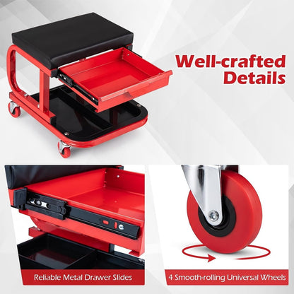 Rolling Mechanic Stool W/Magnetic Drawer & Tool Tray Creeper, Red