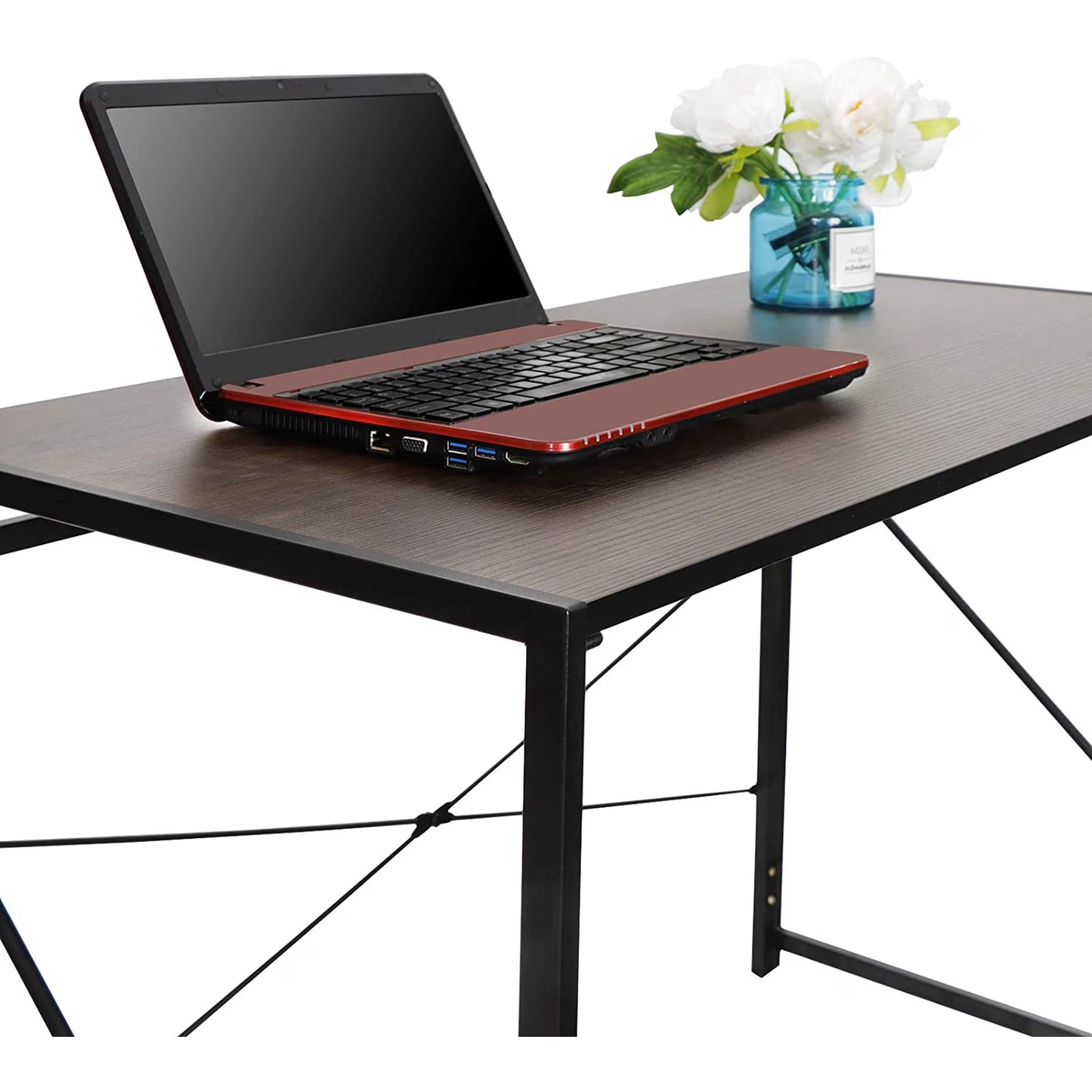 Modern Office Desk Folding Writing Study Wood Metal Desk, Brown