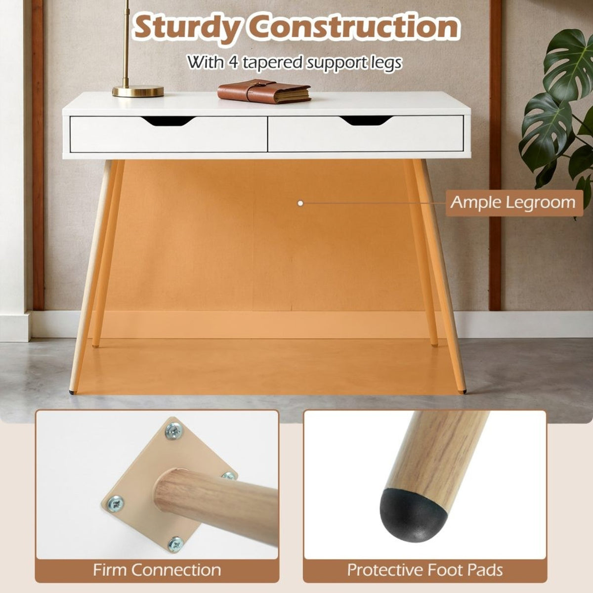 Modern White Writing Desk 2 Drawers Wood Legs 42.5" Home Office