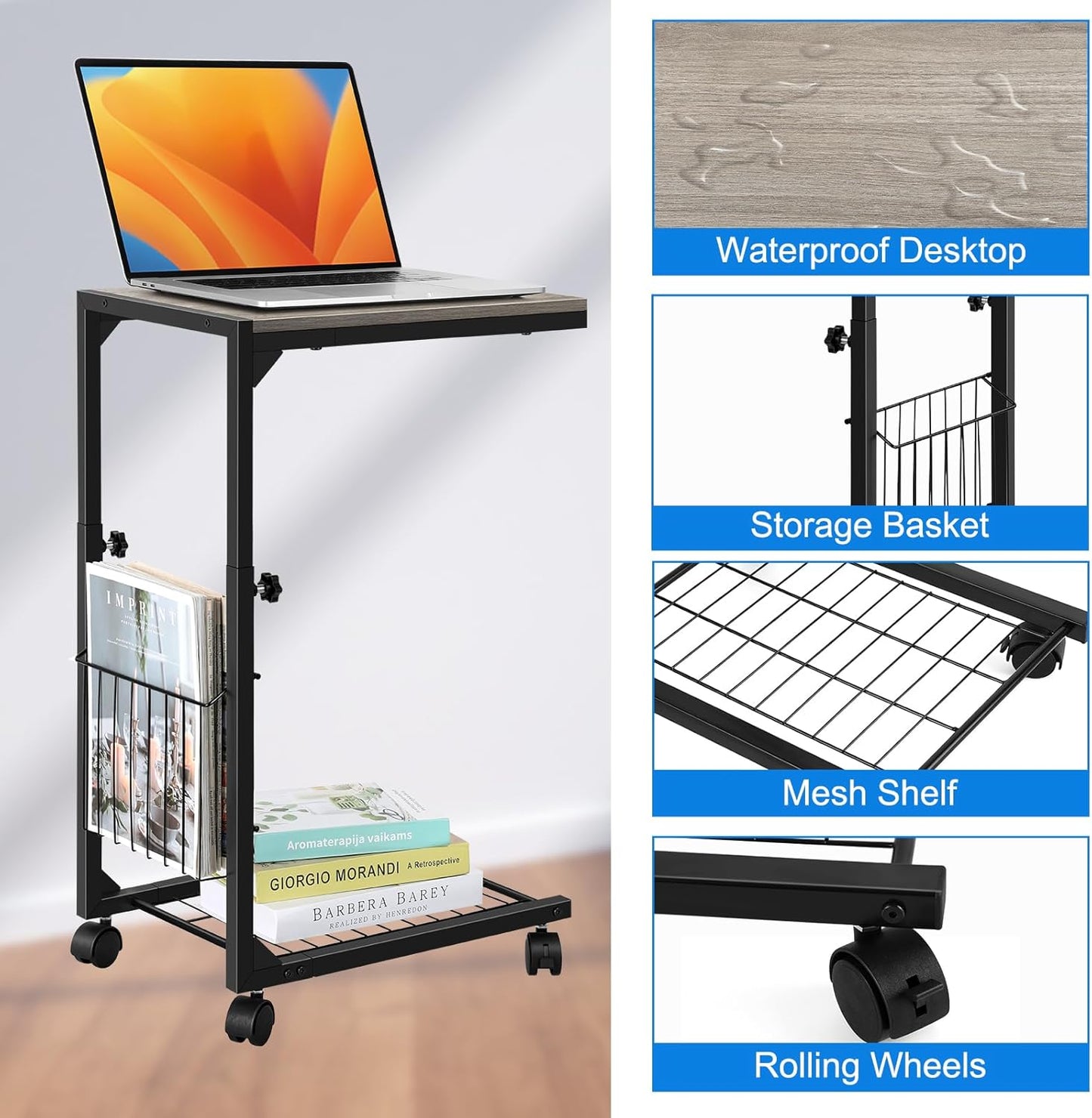 Side Table C-Shaped Rolling TV Tray Sofa Overbed Laptop Bed Desk